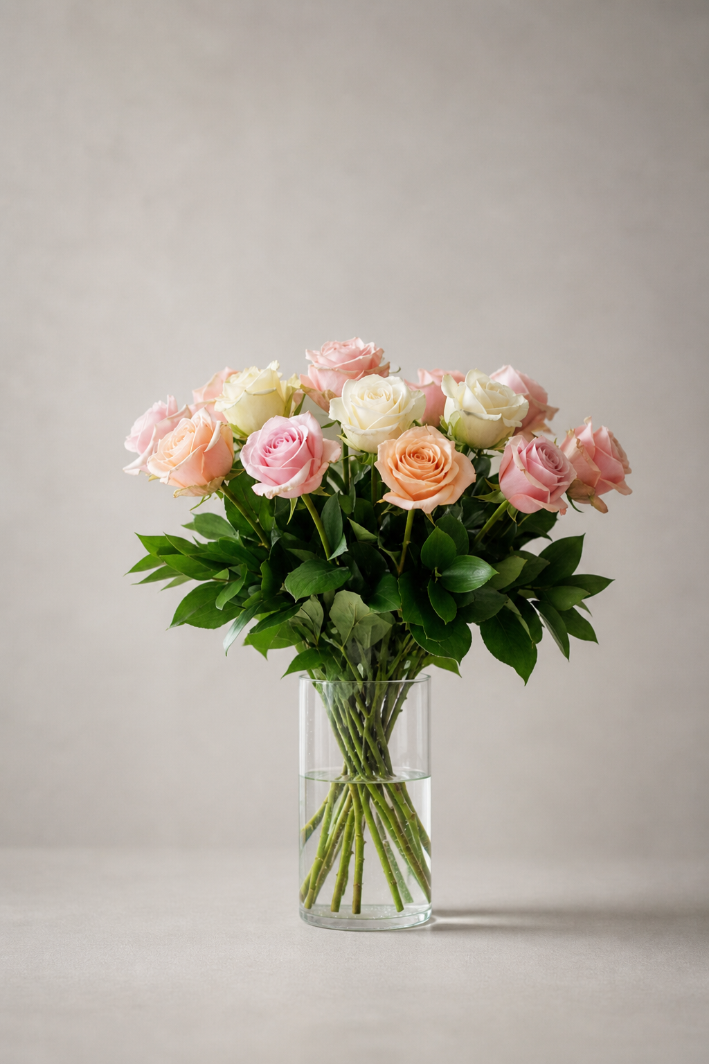 Pastel rose bouquet in blush, peach and ivory tones arranged in a clear cylindrical glass vase by a Montreal florist