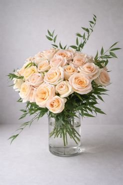 Angle view of a peach rose arrangement in a clear cylindrical vase with natural greenery and soft daylight.
