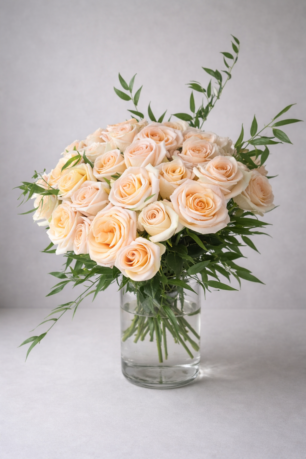 Angle view of a peach rose arrangement in a clear cylindrical vase with natural greenery and soft daylight.
