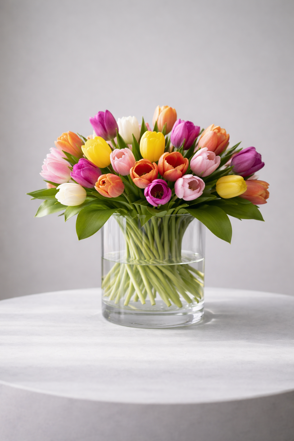 bouquet of 20 tulips with a clear cylinder vase perfect for spring delivery in Montreal
