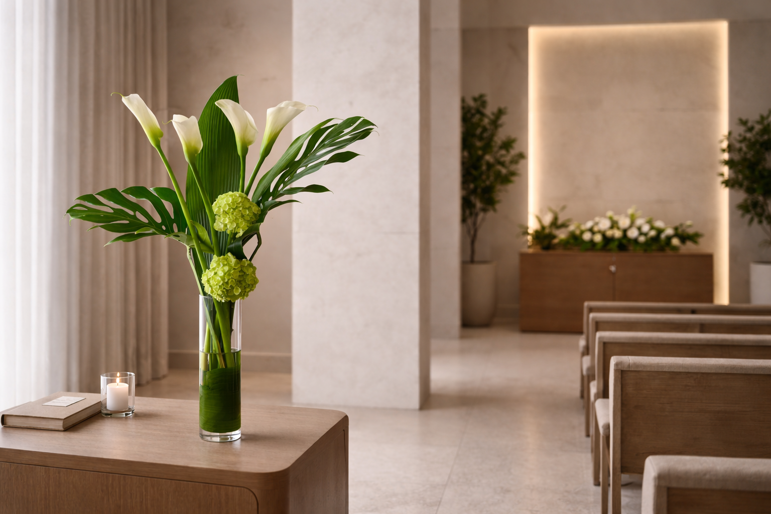 White calla lily and green hydrangea funeral flower arrangement in a slim clear glass vase, styled in a contemporary funeral home interior with soft left-side natural light and minimalist architectural lines.