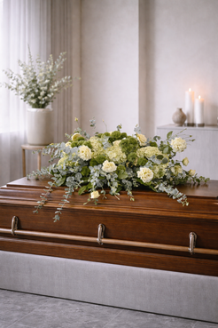 Refined sympathy casket spray with pale yellow lisianthus, hydrangeas, green dianthus and eucalyptus placed on a walnut coffin in a warm beige contemporary funeral home.