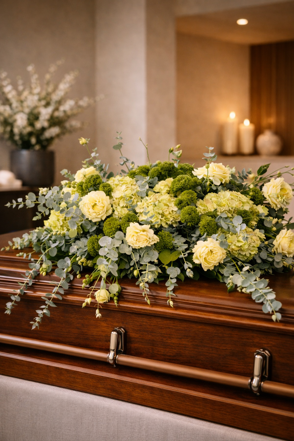 Elegant casket flower arrangement in a modern funeral home featuring pale cream blooms, green hydrangeas and eucalyptus on a walnut coffin in a warm contemporary interior.