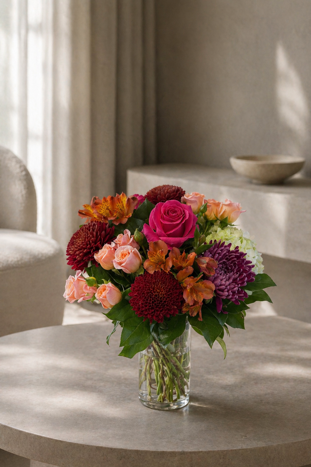 Luxury autumn bouquet styled in a warm contemporary interior, arranged in a clear glass vase with pink rose, peach spray roses, burgundy and mauve chrysanthemums, orange alstroemeria and green hydrangea, ideal for flower delivery Montreal from a luxury florist Montreal.