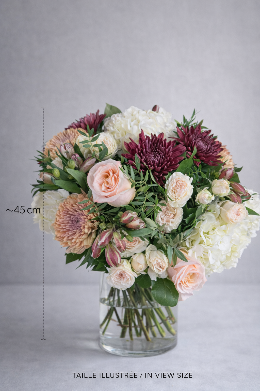 Luxury bouquet of blush roses, burgundy chrysanthemums and white hydrangeas in a clear vase, shown with approximate 45 cm size reference.