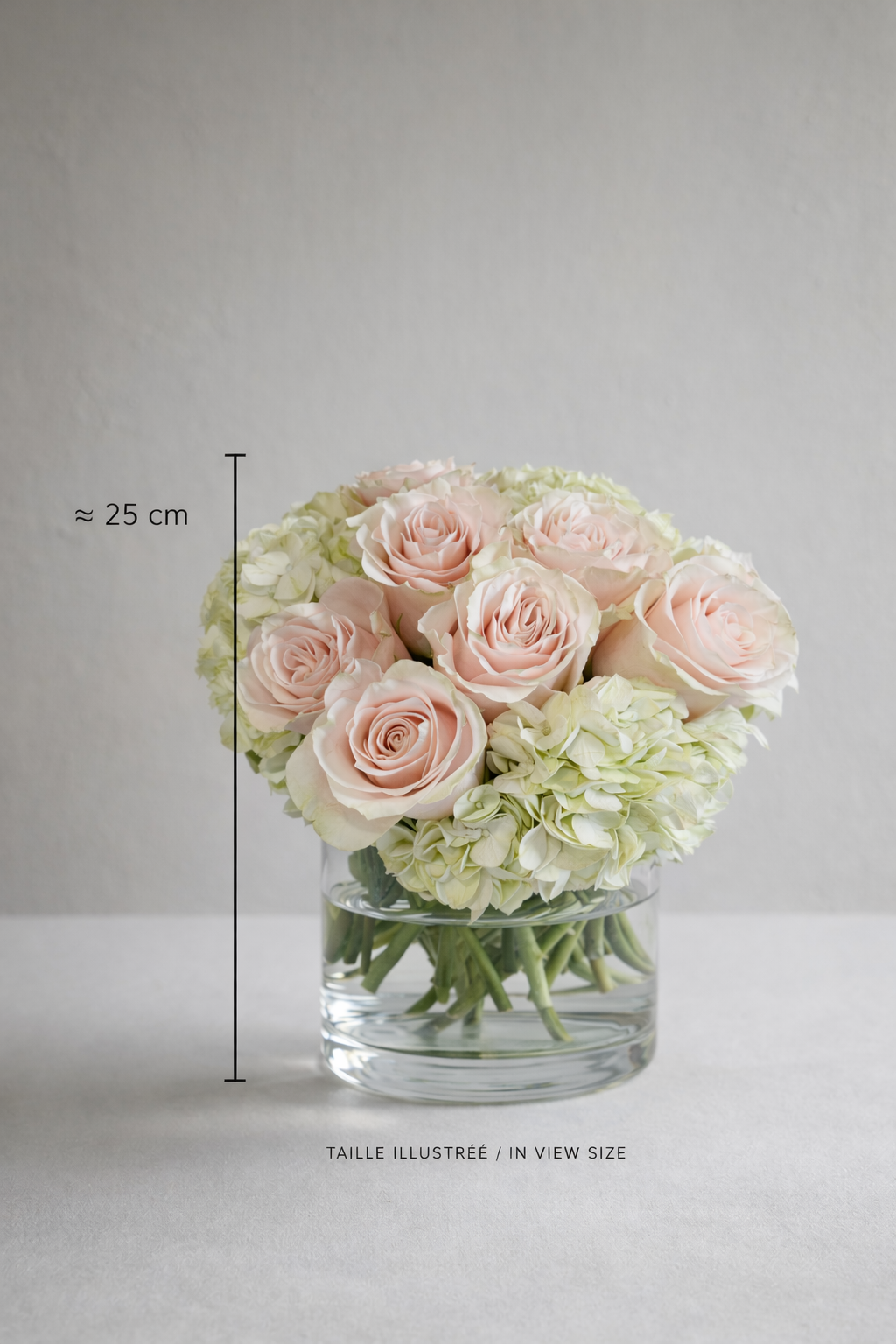 Compact blush rose and hydrangea design in a clear cylindrical vase with approximate 25 cm size reference, styled for premium bouquet Montreal and refined flower delivery Montreal presentation