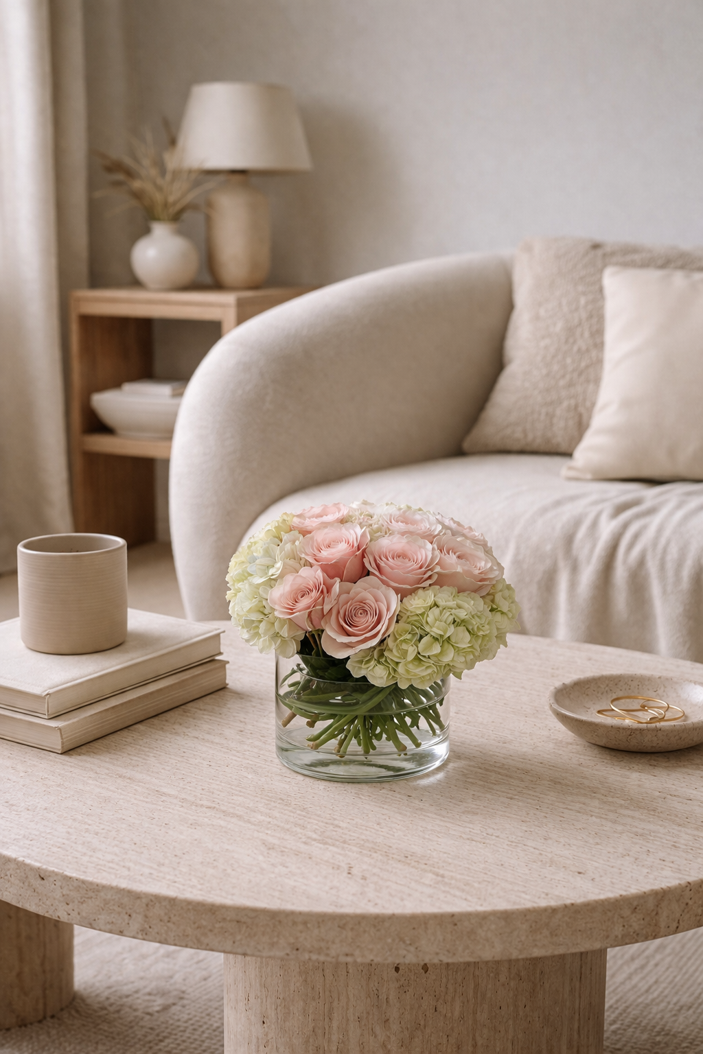 Blush roses and pale green hydrangeas in a clear vase styled on a warm contemporary coffee table, creating an editorial interior scene for a Montreal florist offering same-day flower delivery Montrea