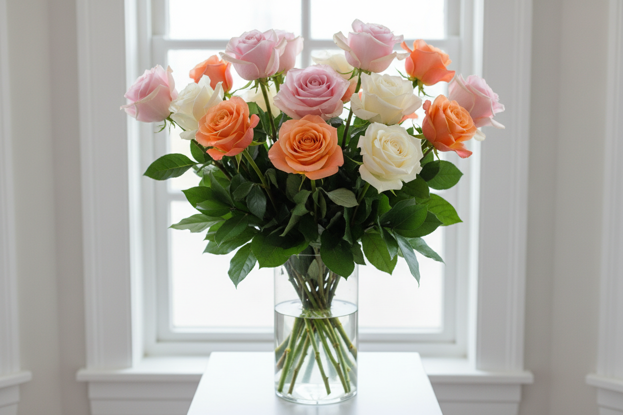 24 pastel roses in a vase
