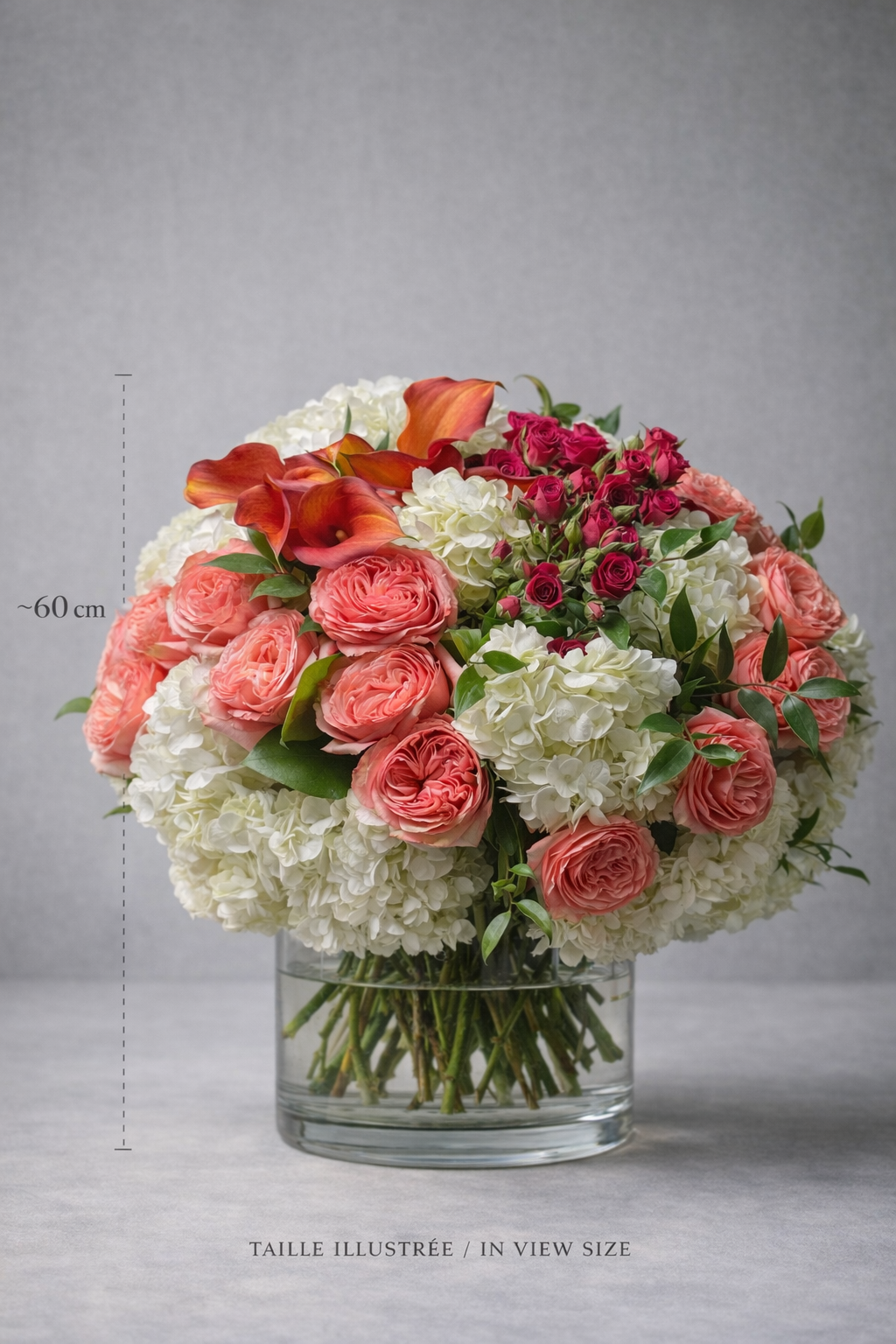 Coral garden roses, white hydrangeas, magenta spray roses, and orange calla lilies in a clear vase, shown with an approximate 60 cm size reference for a premium bouquet Montreal product image.
