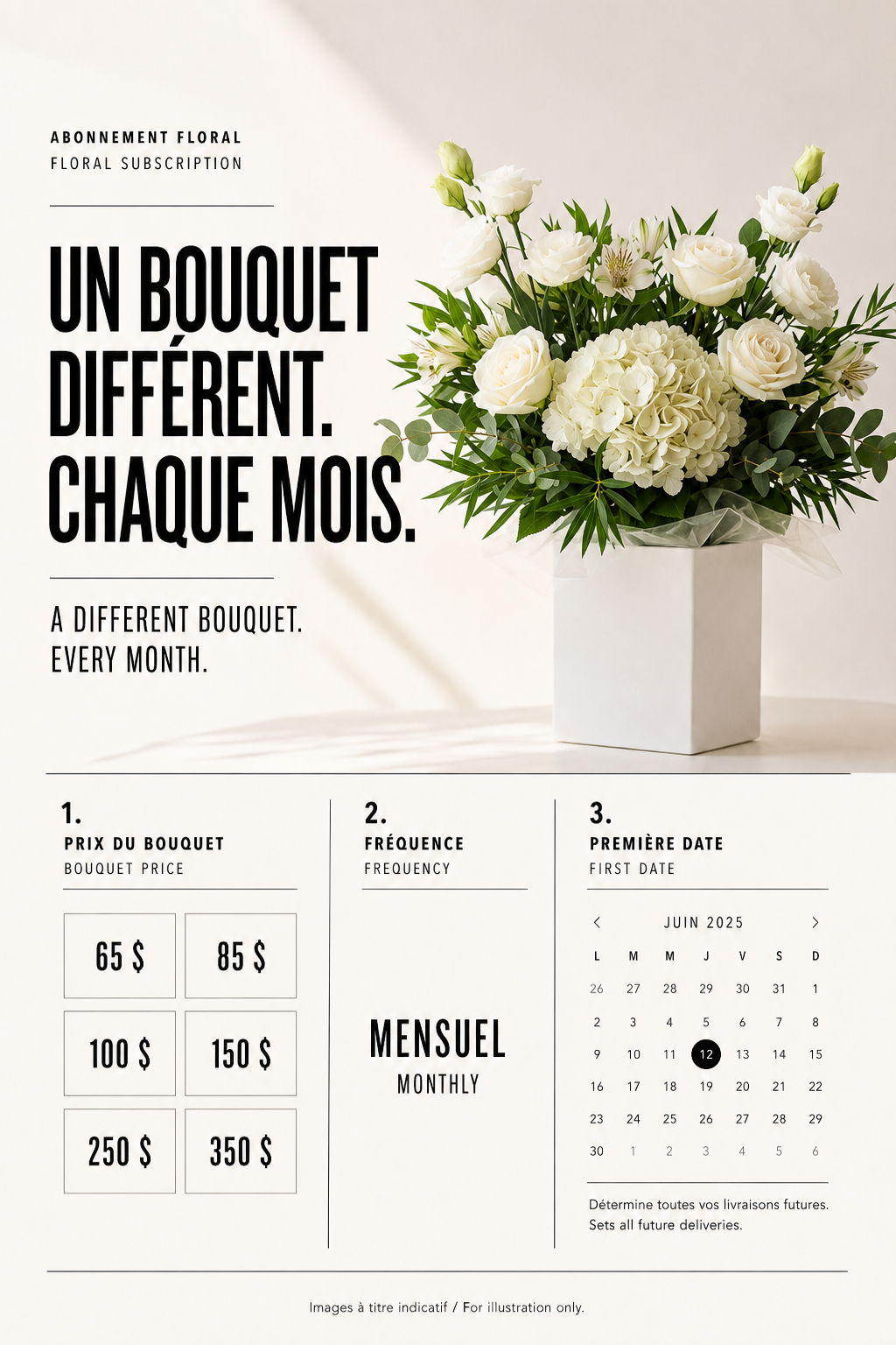 Monthly flower subscription in Montreal featuring a different fresh bouquet delivered each month in a water box.