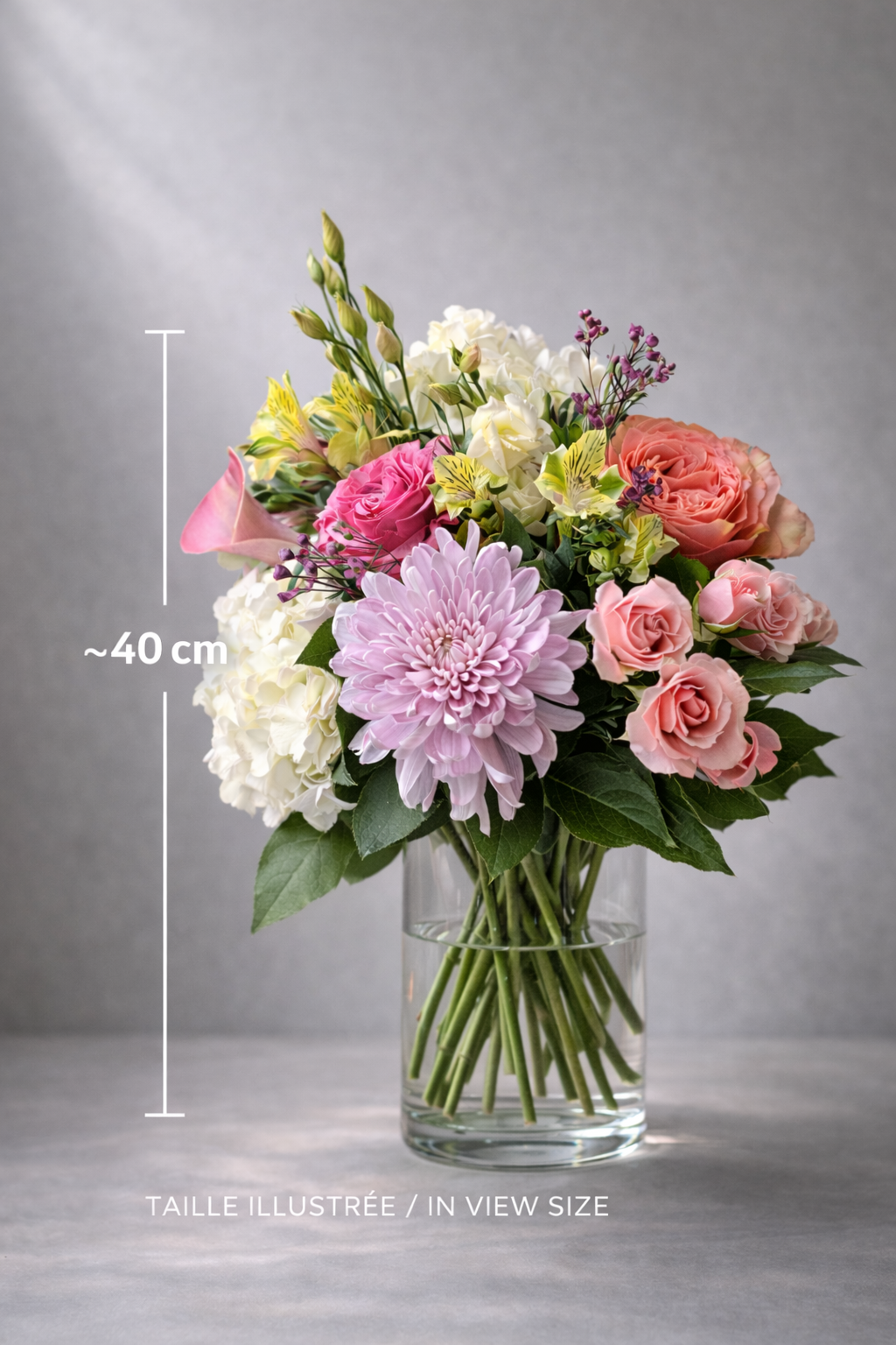Pastel hydrangea and rose flower arrangement available for flower delivery in Montreal.