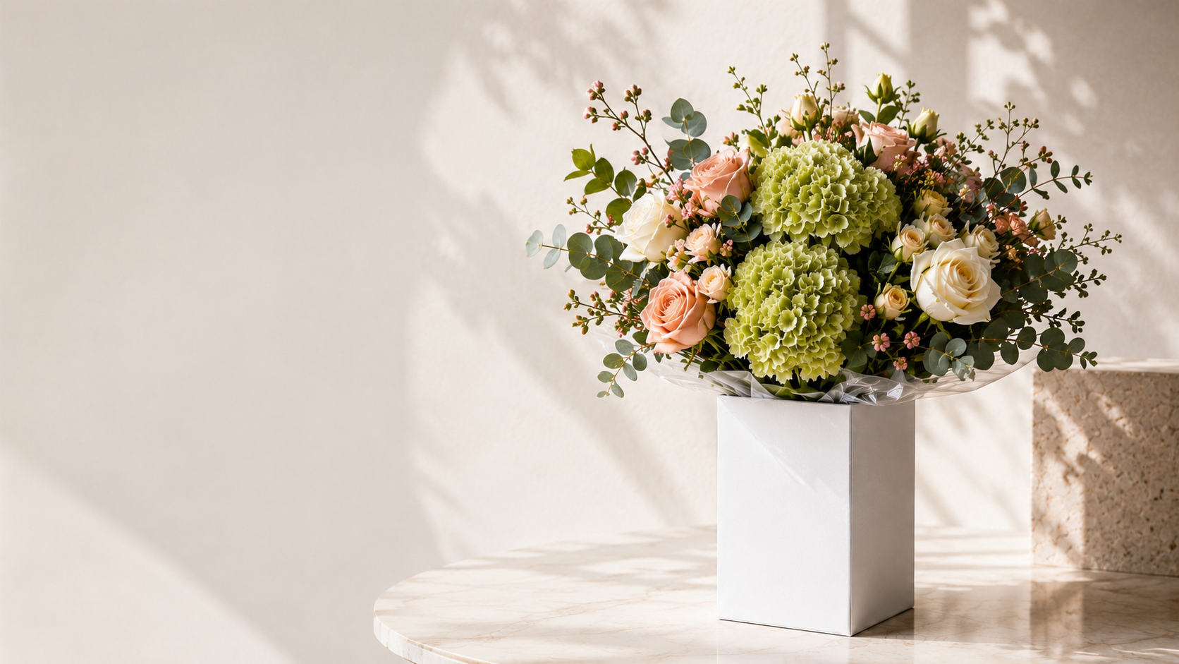 Luxury flower subscription banner by Pourquoi Pas Fleurs featuring a seasonal bouquet in a white water box with soft natural light, blush and cream roses, green hydrangeas, and eucalyptus in a refined Montreal florist setting.