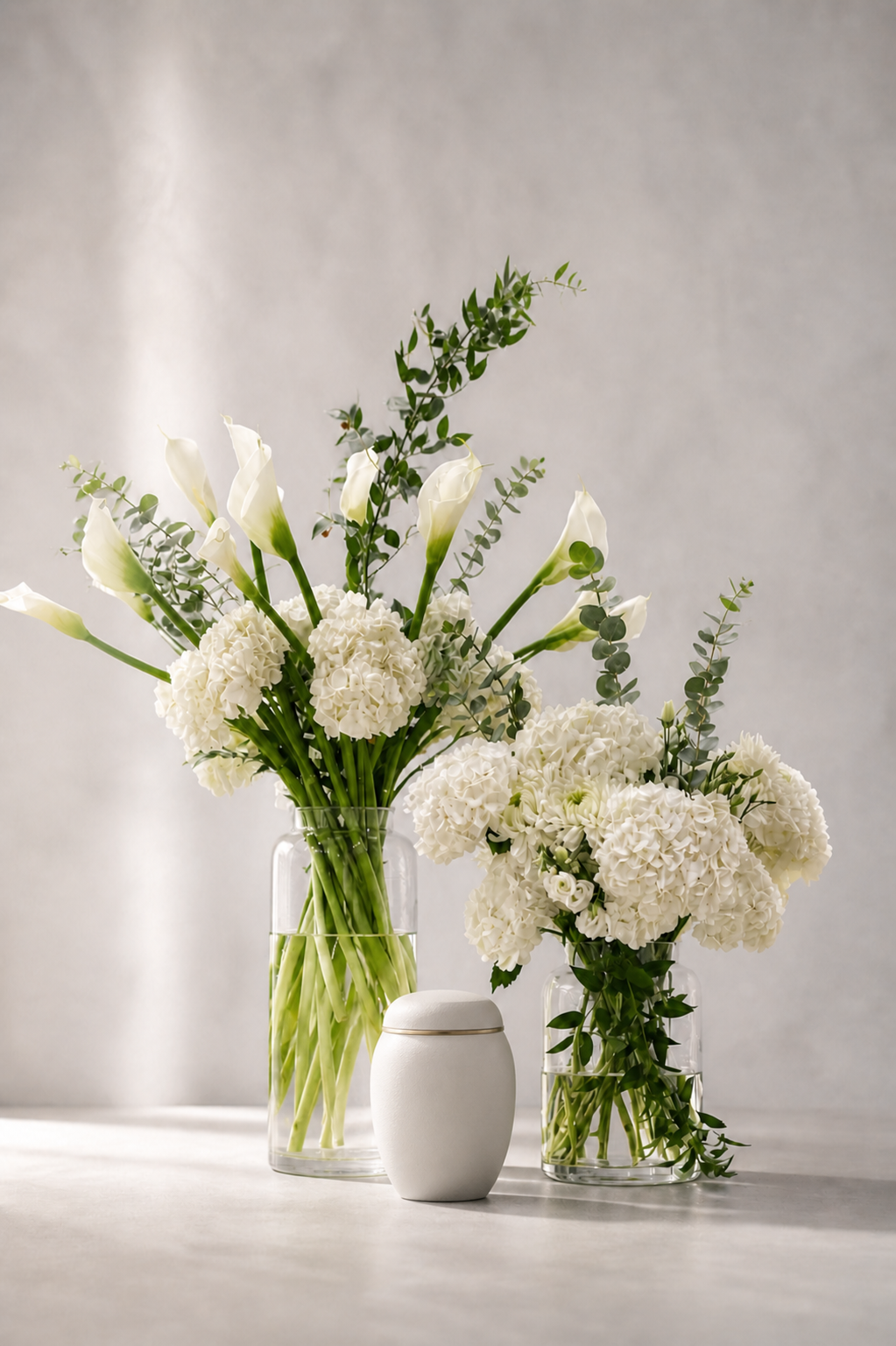 Luxury funeral urn flowers by Pourquoi Pas Fleurs in Montreal, featuring white calla lilies, hydrangeas, eucalyptus and Italian ruscus in two clear glass vases with a modern urn, photographed in an elegant editorial front view.
