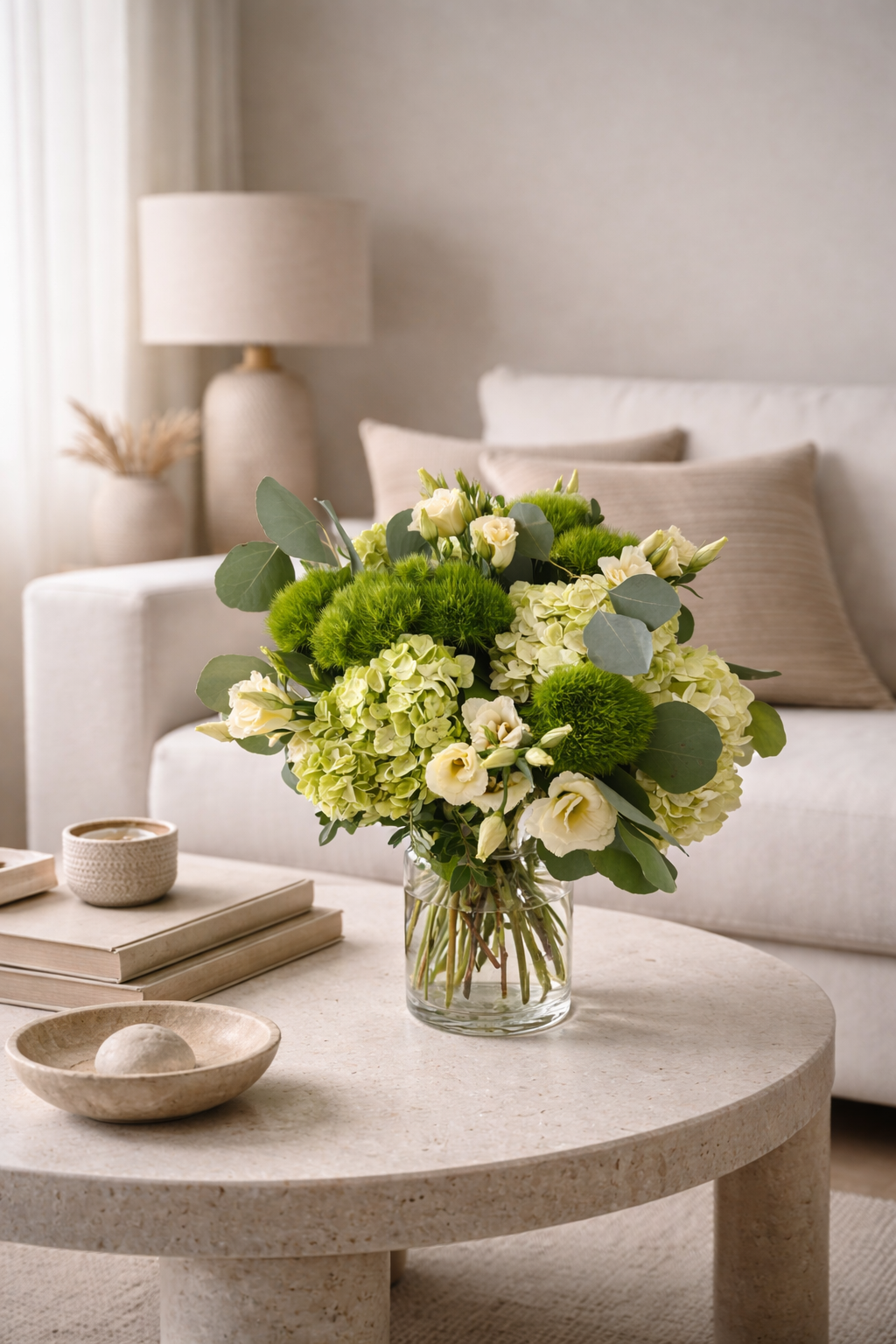 Green hydrangea and lisianthus floral arrangement styled in a contemporary interior by a Montreal florist
