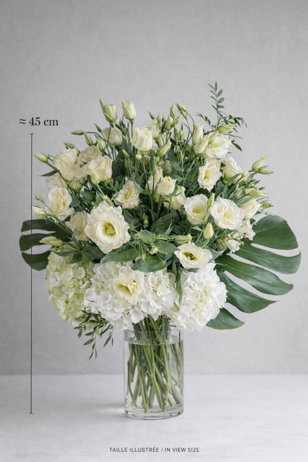 Ivory lisianthus and white hydrangea arrangement in glass vase with approximate 45 cm illustrated size, Montreal florist