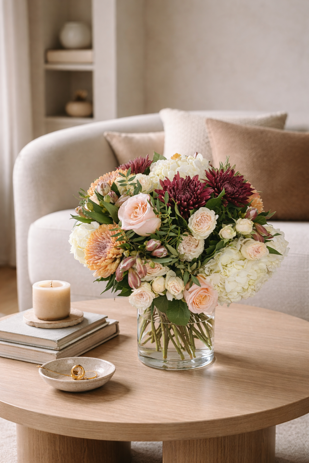 Luxury floral arrangement with blush roses, burgundy chrysanthemums and white hydrangeas styled in a warm contemporary interior.