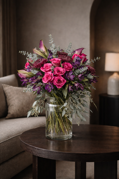 Premium pink rose and purple floral arrangement in dark contemporary interior setting