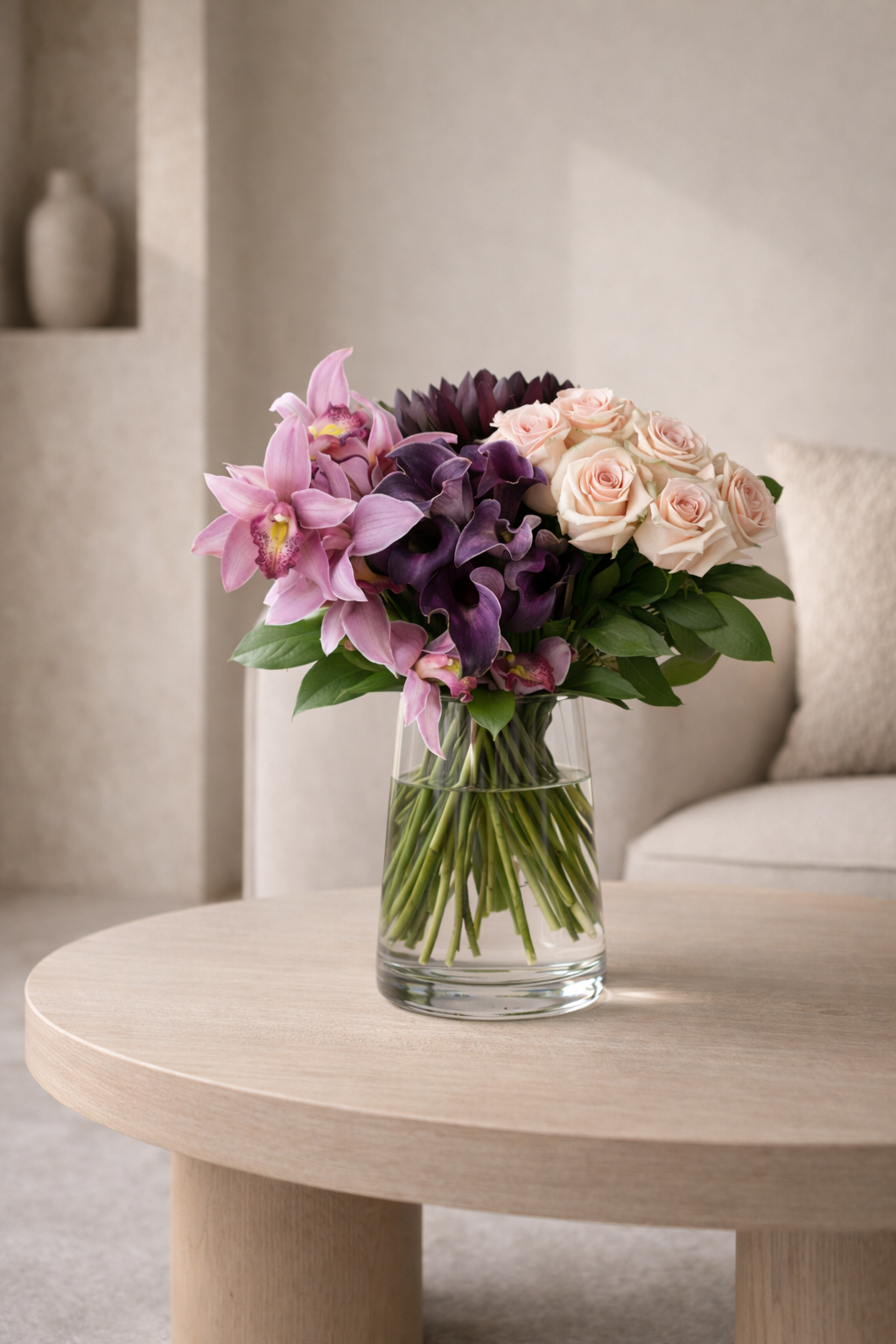 Luxury orchid and rose bouquet in clear vase styled in modern contemporary home interior, Montreal florist design