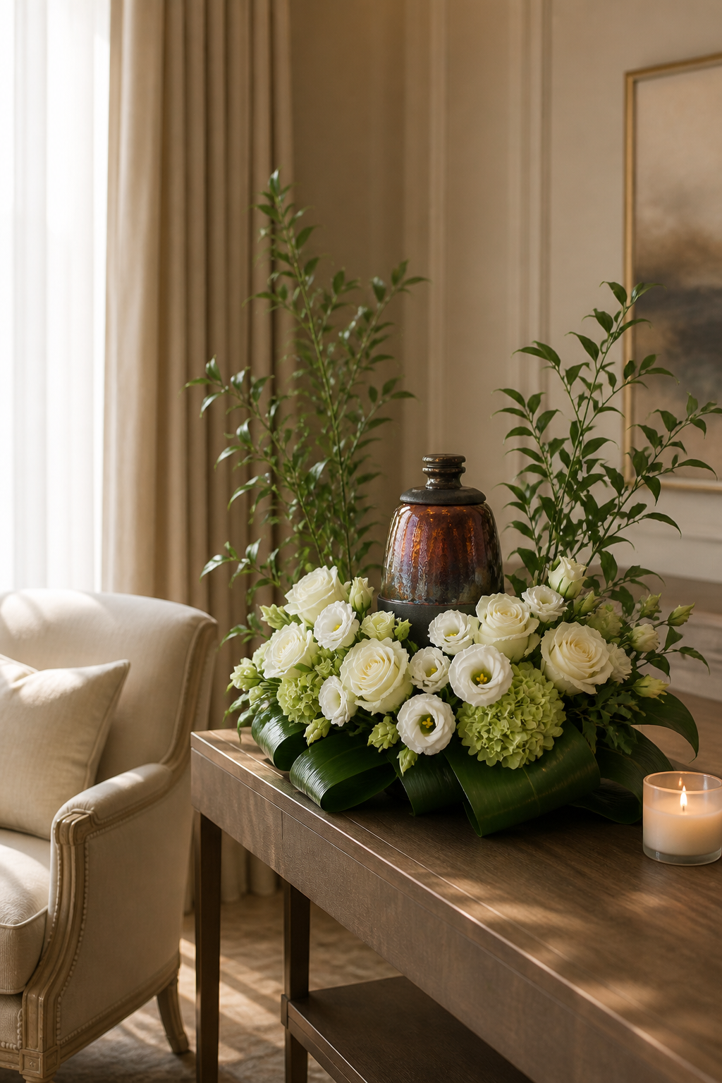 Intimate memorial setting with a decorative urn surrounded by white roses, lisianthus, green hydrangea and lush foliage on a warm console table, photographed in an elegant premium bouquet Montreal style.