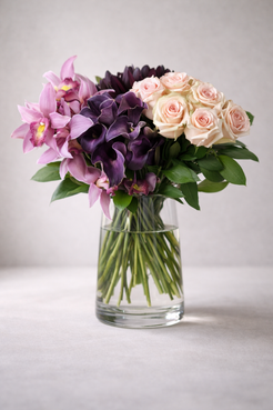Three quarter angle view of luxury orchid, calla lily and blush rose bouquet in cylindrical glass vase, Montreal flower delivery