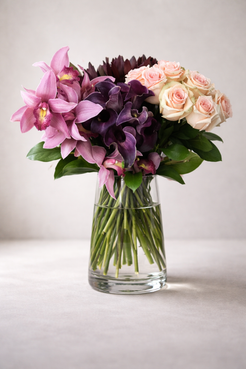 Luxury orchid, deep purple calla lily and blush rose bouquet in clear glass vase, Montreal luxury florist studio front view