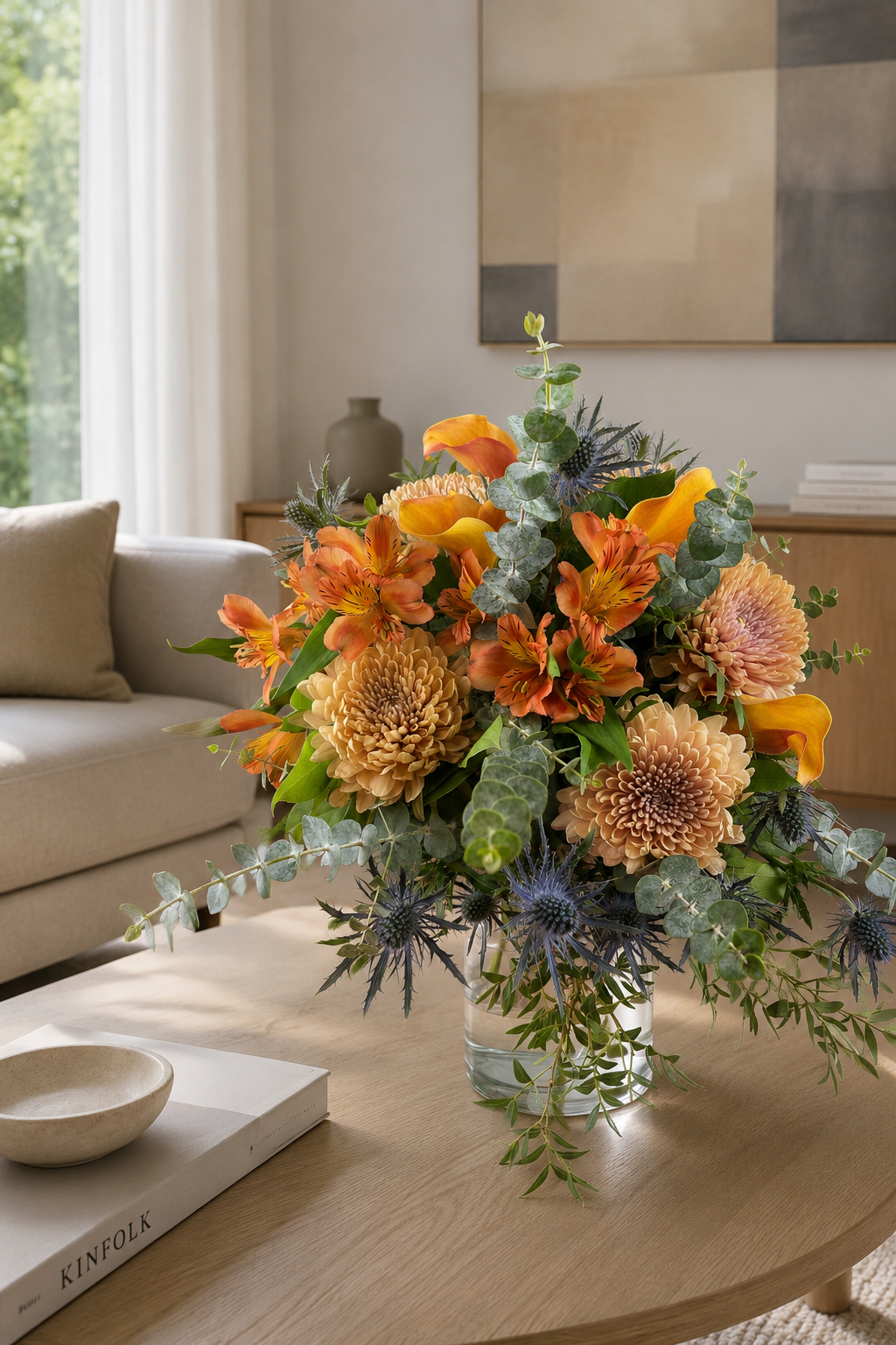 Luxury seasonal bouquet displayed on a coffee table in a modern home interior for flower delivery in Montreal.