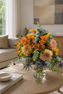 Luxury seasonal bouquet displayed on a coffee table in a modern home interior for flower delivery in Montreal.
