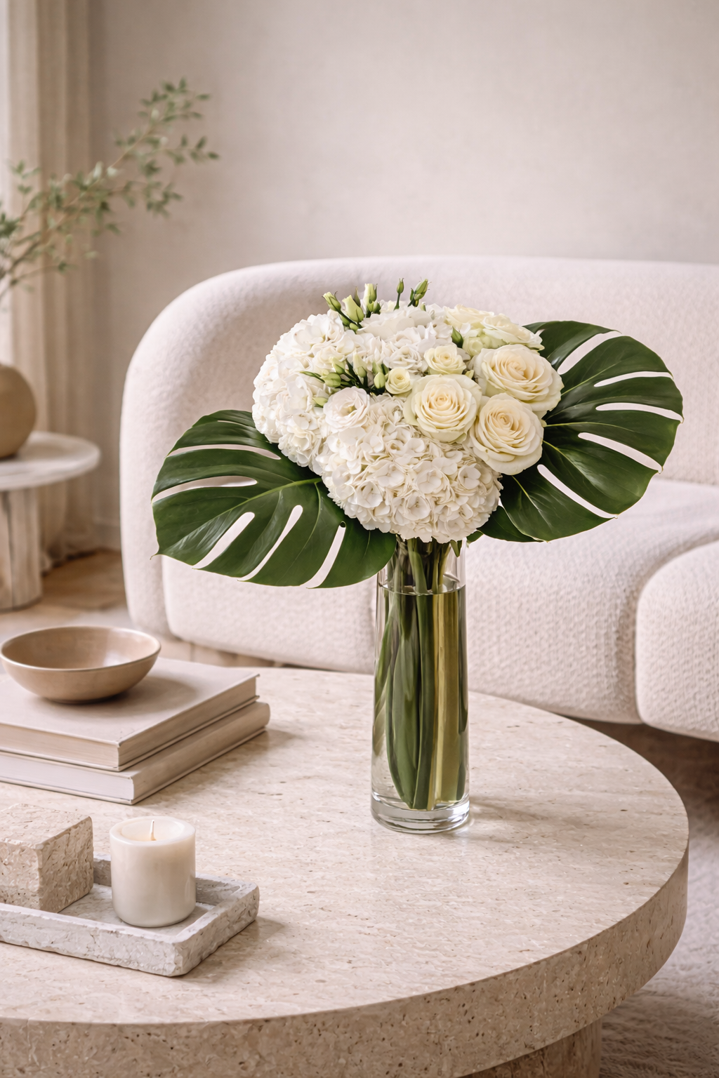 White hydrangea and rose bouquet with monstera leaves in a clear vase, styled on a contemporary interior table with warm neutral materials, suited to a luxury florist Montreal collection.