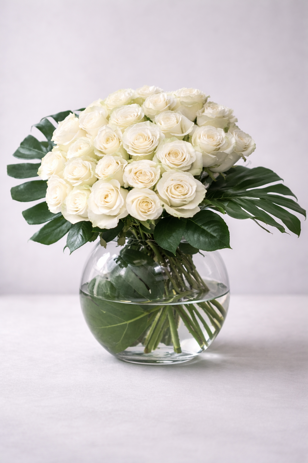 Luxury white roses bouquet 50 cm high in clear glass vase, 3/4 dimensional angle, premium Montreal florist