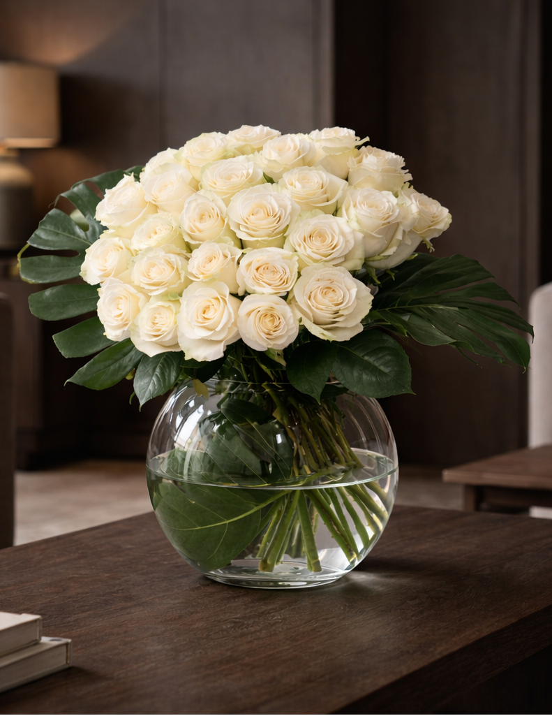 Luxury white roses bouquet 50 cm high in clear glass vase styled in dark contemporary interior, Montreal premium florist