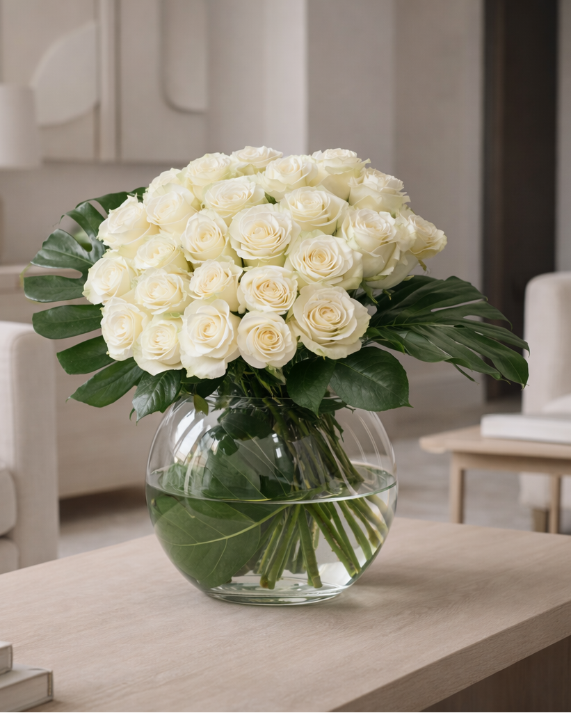 Luxury white roses bouquet 50 cm high styled in contemporary neutral interior, Montreal flower delivery