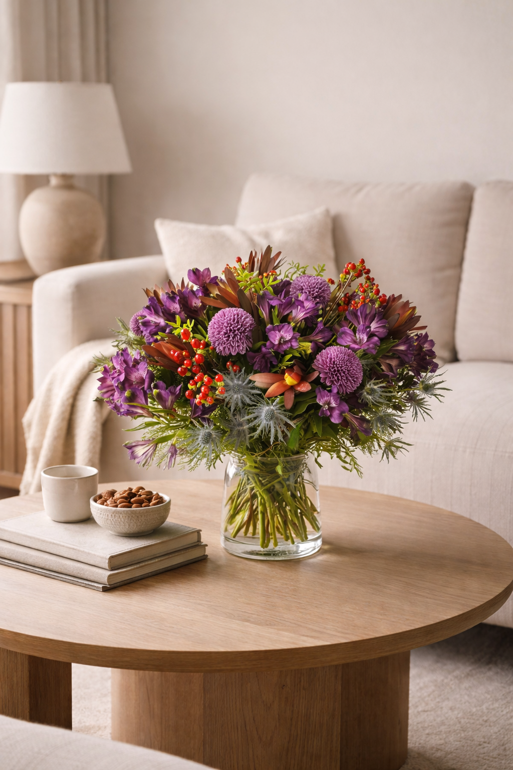 Purple luxury bouquet in a clear glass vase styled in a contemporary interior, inspired by premium flower delivery in Montreal.
