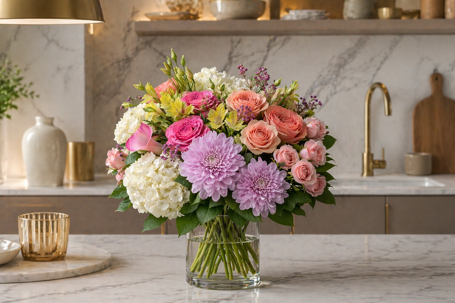 Mother’s Day bouquet with soft pink roses and seasonal blooms styled in a contemporary kitchen interior, premium Montreal florist