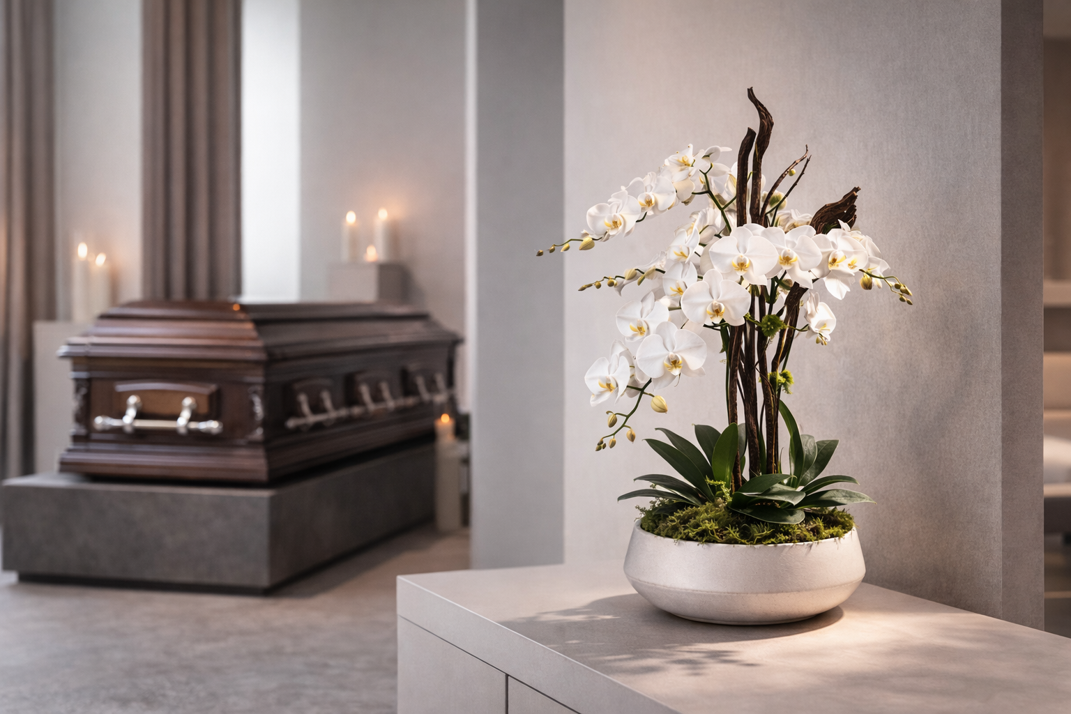White orchid arrangement displayed in a contemporary funeral home setting, elegant sympathy flowers available for delivery in Montreal