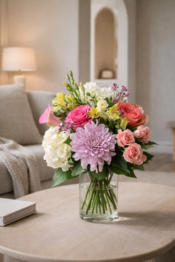 Pastel hydrangea and rose flower arrangement displayed in a modern interior setting.