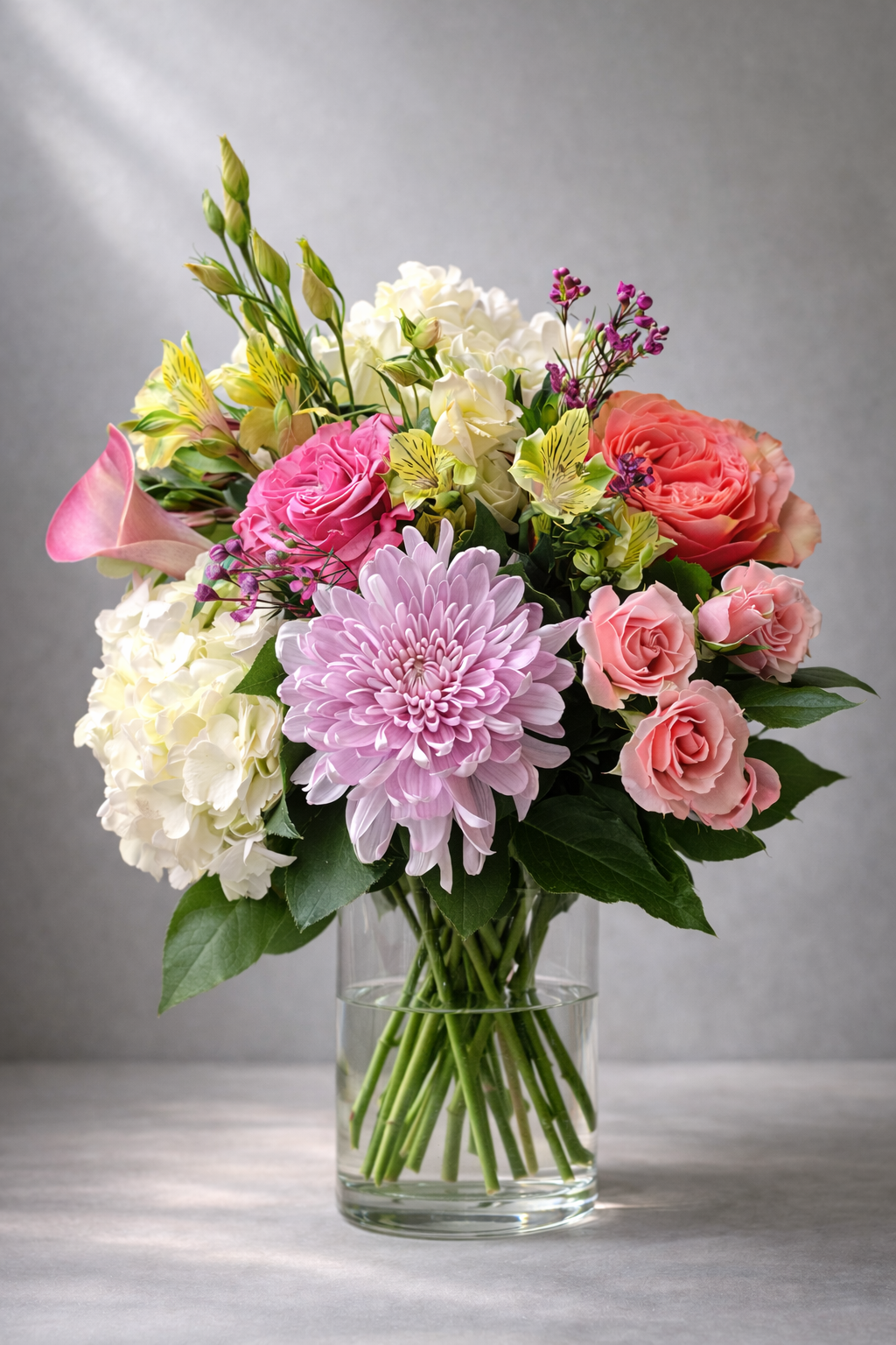 Luxury pastel flower arrangement with hydrangeas, roses and chrysanthemum in a clear glass vase, handcrafted by a Montreal florist.