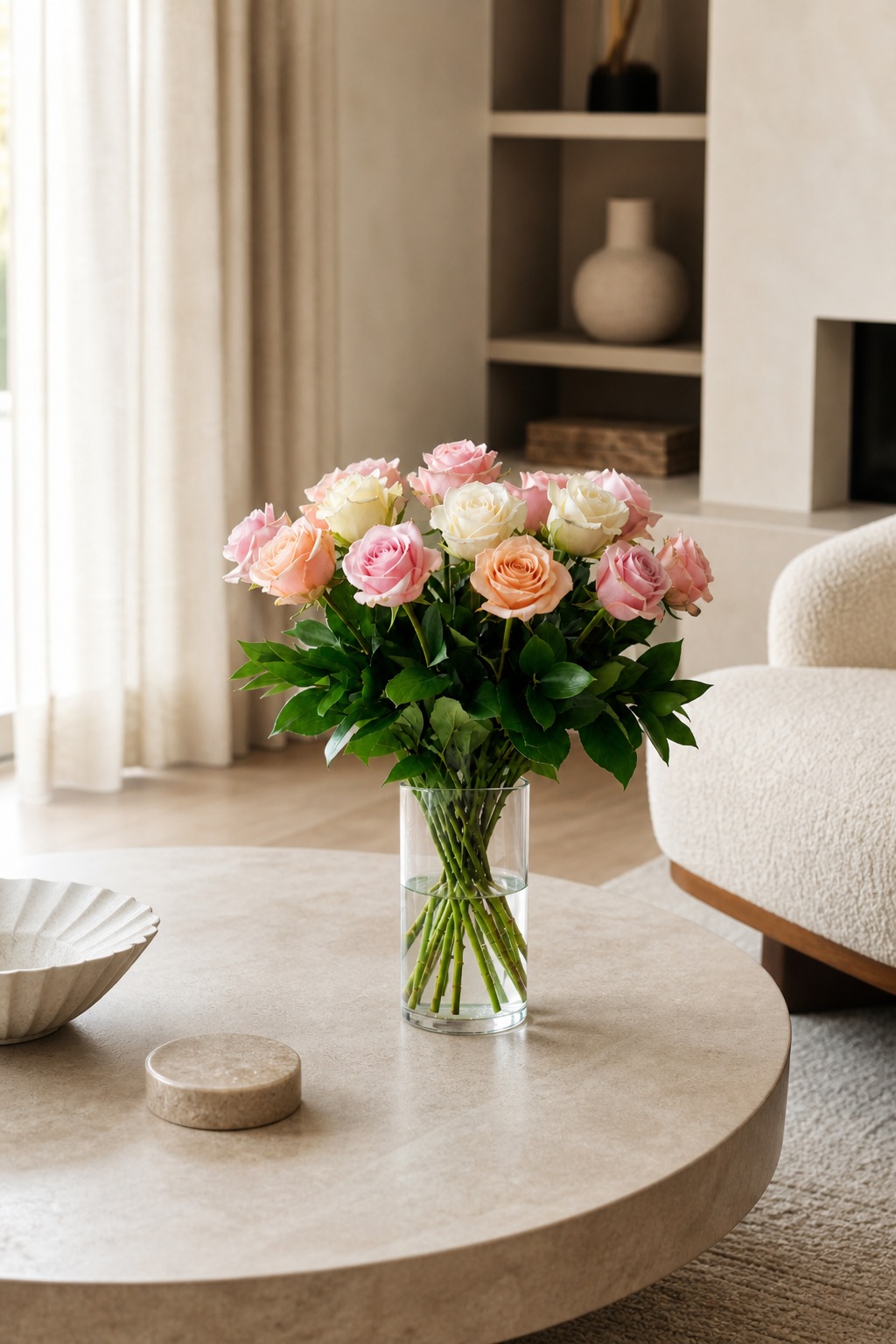 Pastel rose bouquet in a smaller clear cylindrical vase styled on a contemporary coffee table in a warm neutral interior, photographed with soft daylight for an elegant flower delivery Montreal lifestyle scene.
