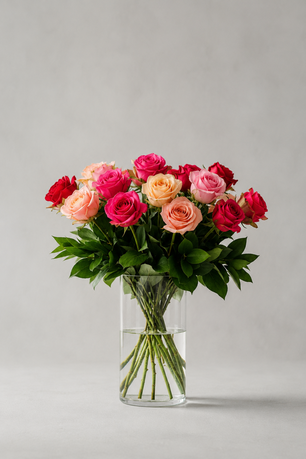 Luxury rose bouquet in peach, red, hot pink, and soft pink tones in a clear cylindrical vase, by a Montreal florist, with refined foliage and elegant symmetry for a premium bouquet Montreal presentation.