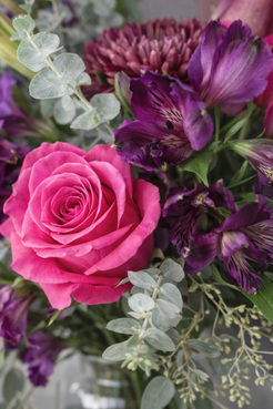 Close-up of pink roses and purple alstroemeria with visible petal texture and eucalyptus foliage.