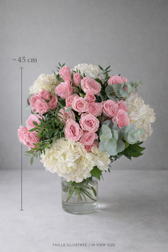 Pink roses and white hydrangeas in a clear glass vase with approximate 45 cm size reference for Montreal flower delivery