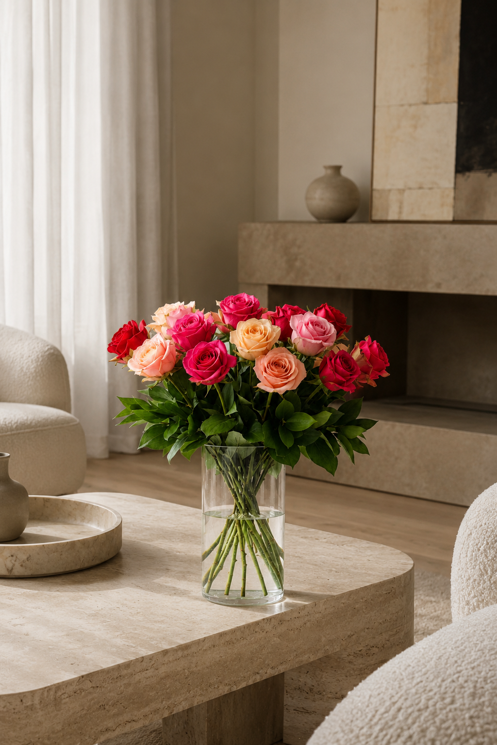 Contemporary lifestyle image of a rose bouquet in peach, red, hot pink, and blush shades placed in a clear vase on a warm neutral stone table, naturally styled in a cosy luxe interior with soft daylight from the left, reflecting the aesthetic of a luxury florist Montreal.
