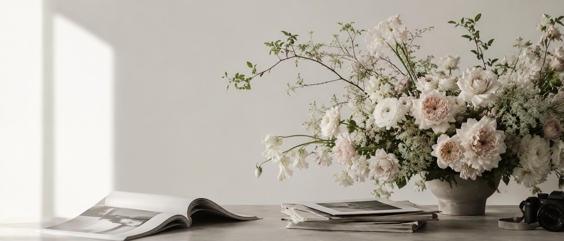 Editorial floral arrangement with magazines and camera for Pourquoi Pas Fleurs press and media page