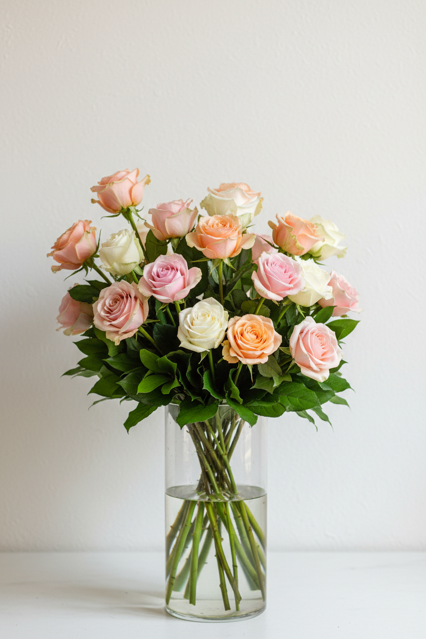 24 pastel roses in a vase