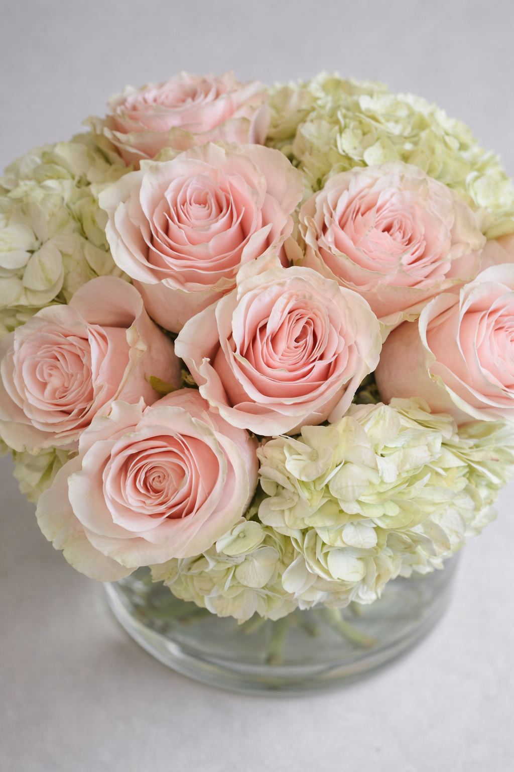 Close botanical detail of blush roses and green hydrangeas with visible petal texture, delicate tonal variation, and soft natural depth, photographed for a premium floral arrangement Montreal.