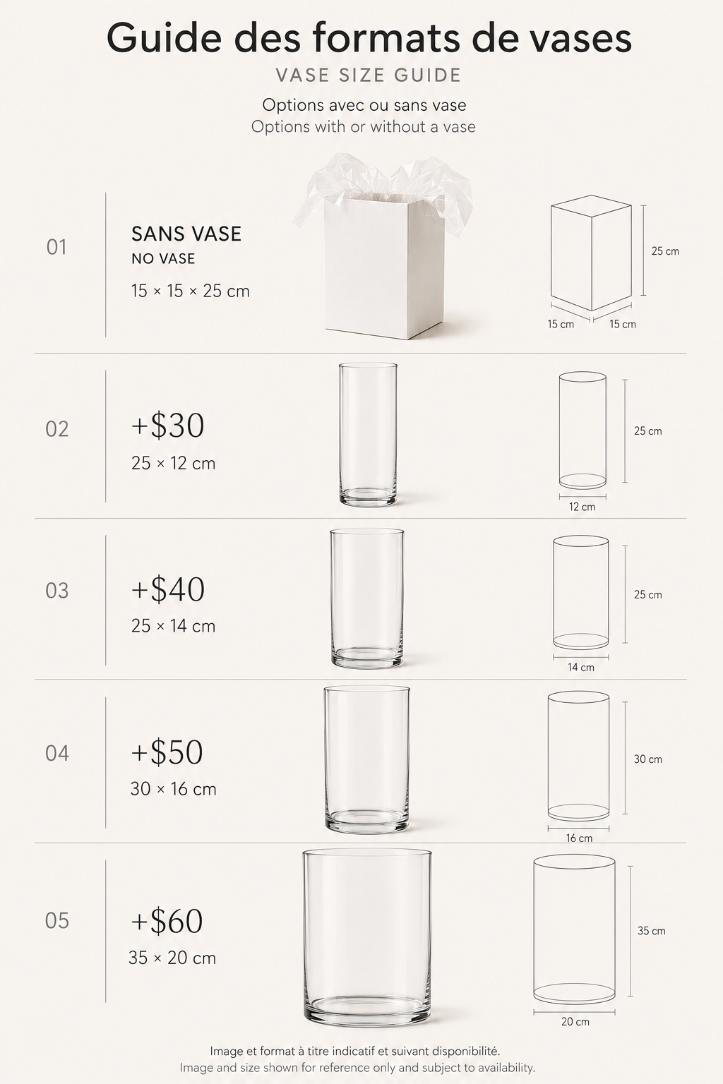 vase size guide showing no vase water box and four clear glass vase options with dimensions and prices, for a Montreal florist