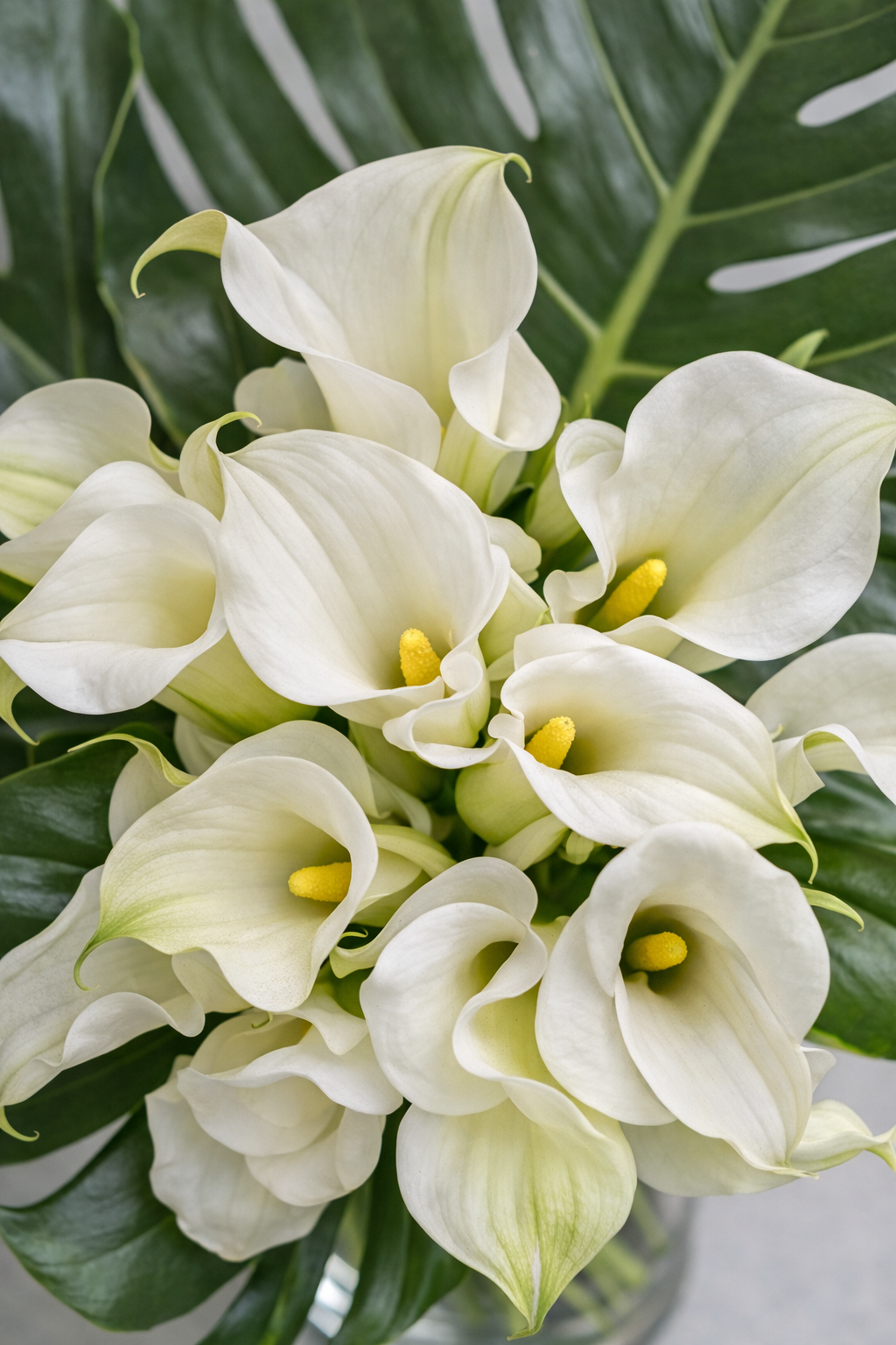 Botanical close-up of white calla lilies with visible petal translucency and green monstera leaves, luxury floral design in Montreal