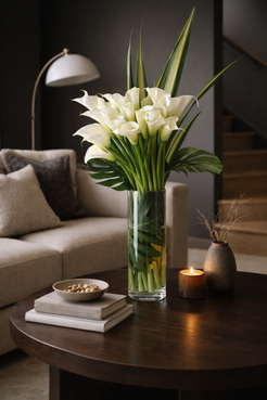 100 cm white calla lily bouquet in dark modern interior, elegant floral arrangement in clear glass vase Montreal.