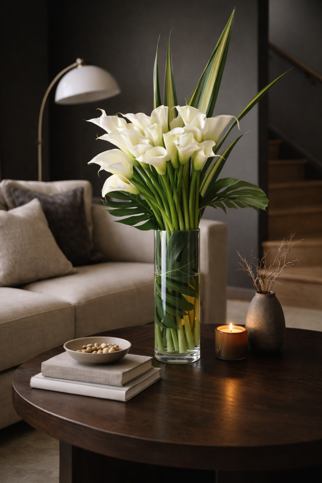 100 cm white calla lily bouquet in dark modern interior, elegant floral arrangement in clear glass vase Montreal.