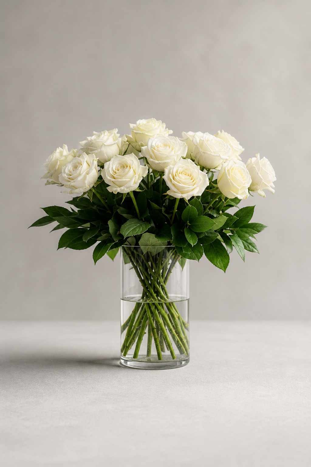 White cream Mondial rose bouquet with lush green foliage in a clear cylindrical glass vase, photographed front-facing in a refined editorial studio setting by a Montreal florist.