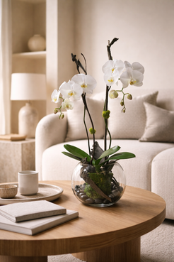 White Phalaenopsis orchid arrangement styled in a contemporary interior with warm neutral materials, clear glass vase, moss and sculptural branches, suitable for flower delivery Montreal or a chic floral arrangement Montreal feature.